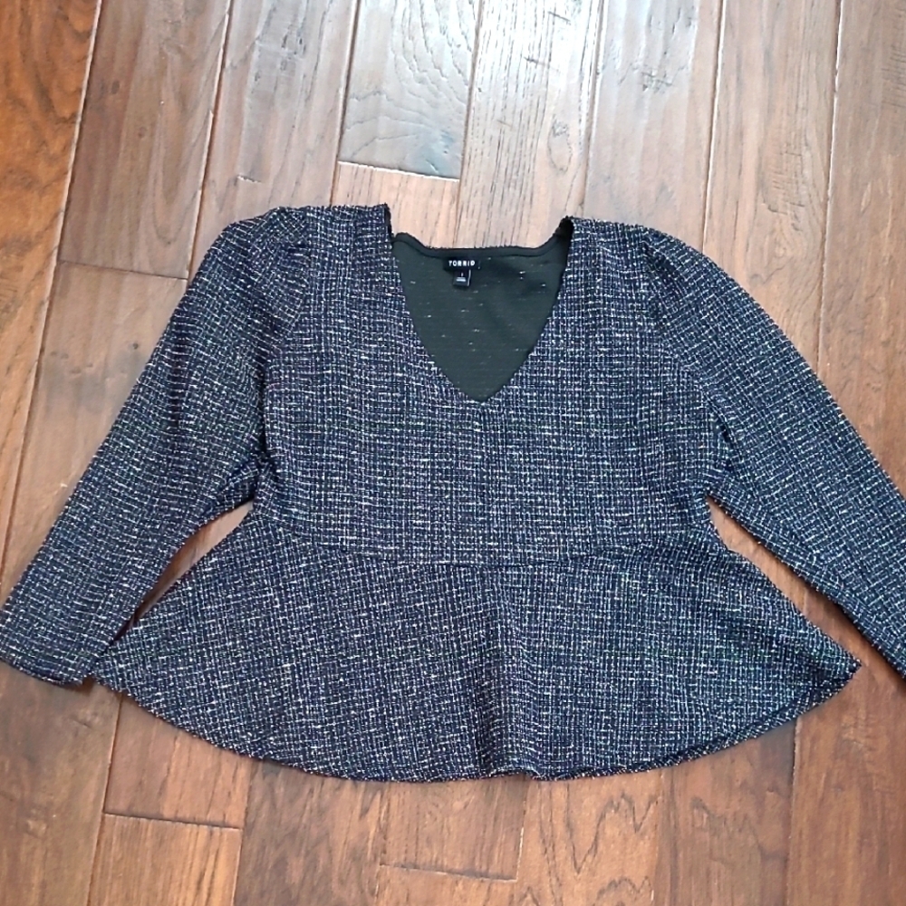 Torrid Black with Colorful & Silver Specks Tweed Peplum Blouse size 1 (1X 14-16)